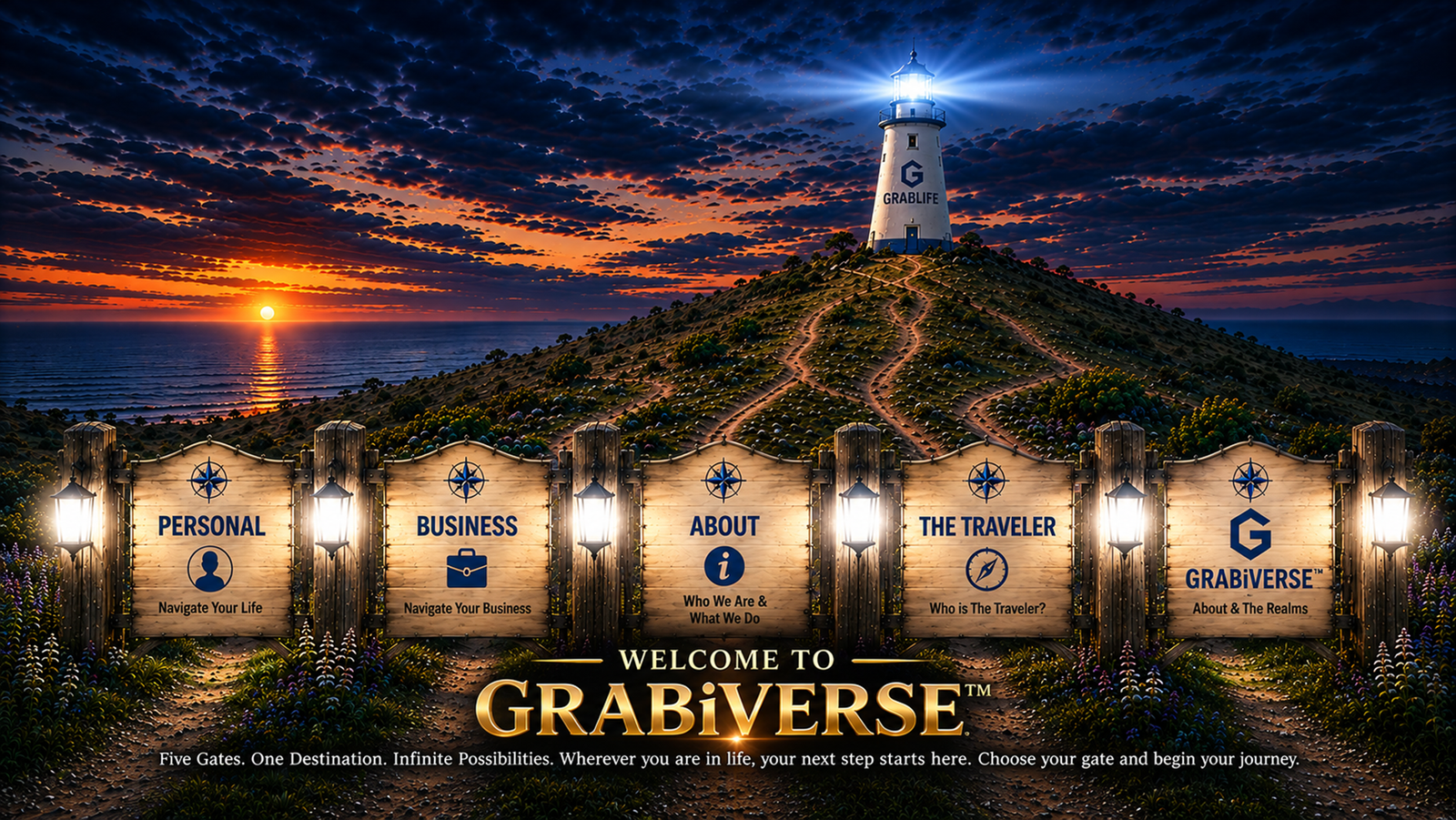 GRABiVERSE five gate navigation entrance with Personal, Business, About, The Traveler and GRABiVERSE